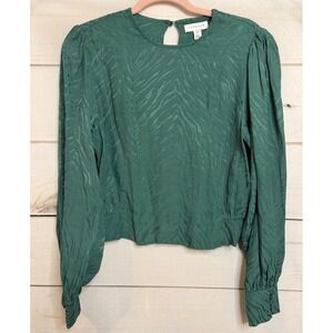 Topshop Green‎ Zebra Jacquard Puff Sleeve Blouse Top US 2 Emerald Cropped